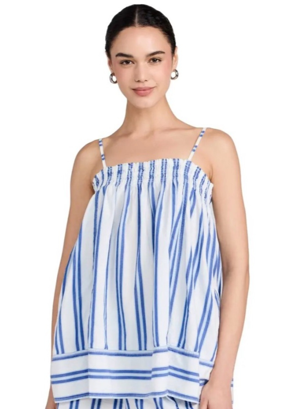Smocked Stripe Spaghetti Strap Tank Top - Blue and White